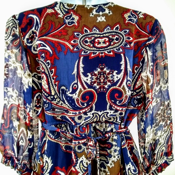 Cha Cha Vente Boho Women's Paisley Lined Tunic Blue and Red 3/4 Sleeves Size Med - Picture 4 of 8